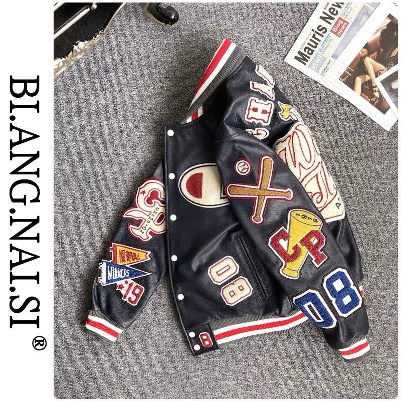 Design new leather baseball uniform men's PU leather jacket loose coat for men.