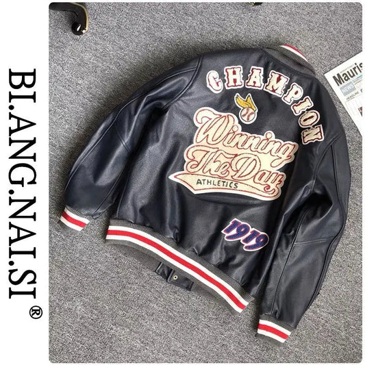 Design new leather baseball uniform men's PU leather jacket loose coat for men.