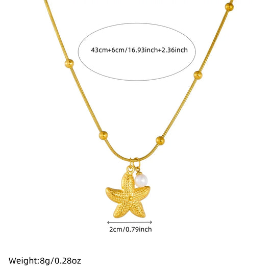LAMENGLY 316L Stainless Steel Beach Style Pearl Starfish Pendant Necklace Women Glamorous Marine Animal Clavicle Chain Jewelry