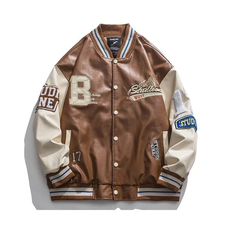“Retro Drip PU Varsity – Label Patch Grunge Bomber”
