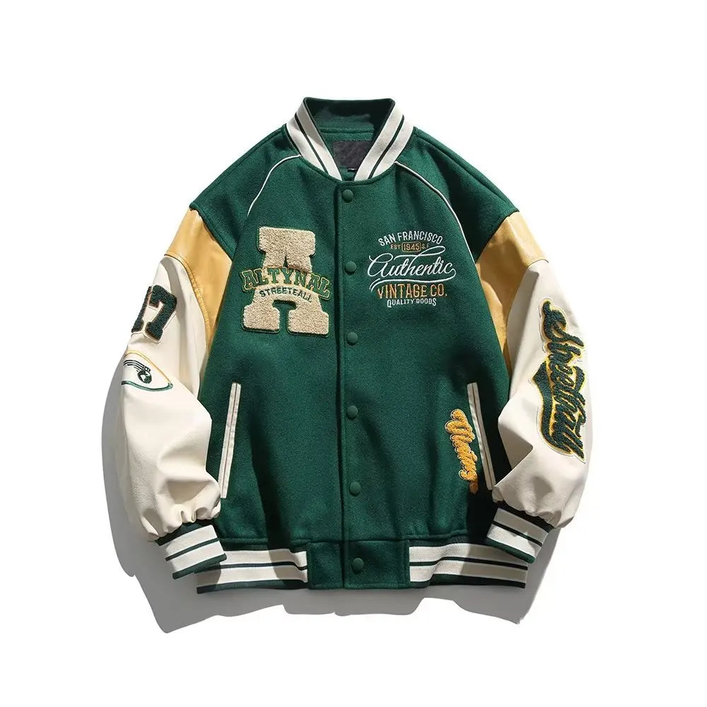 Vintage Vibe Varsity Jacket – Leather Sleeves, Embroidery, Total Drip