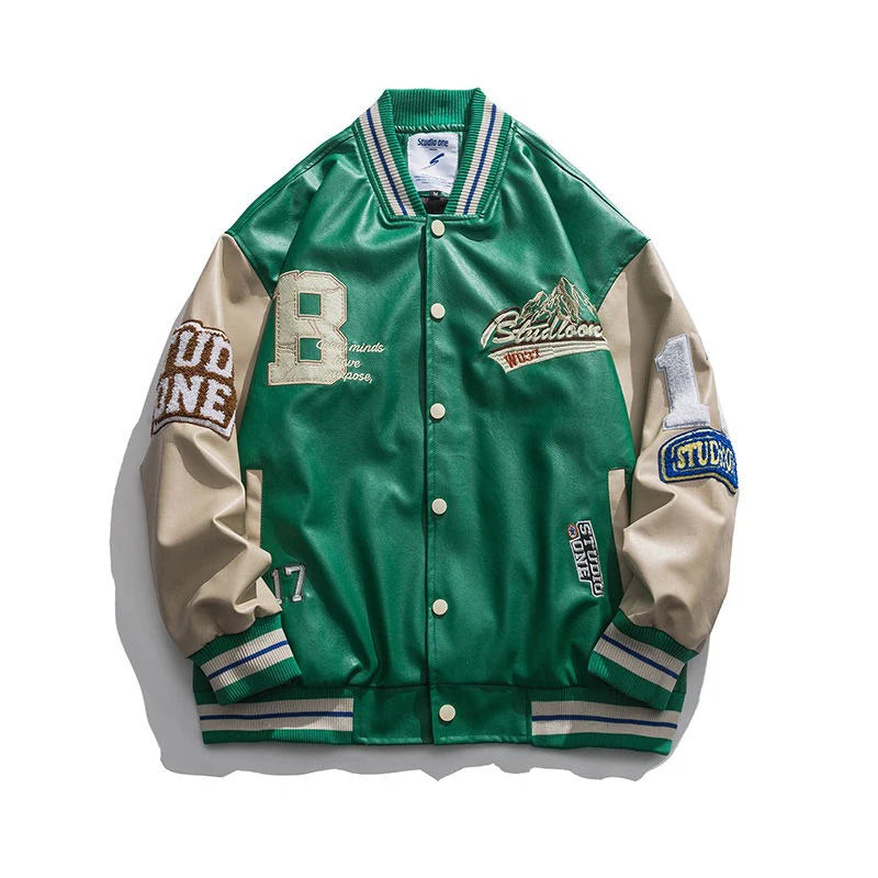 “Retro Drip PU Varsity – Label Patch Grunge Bomber”
