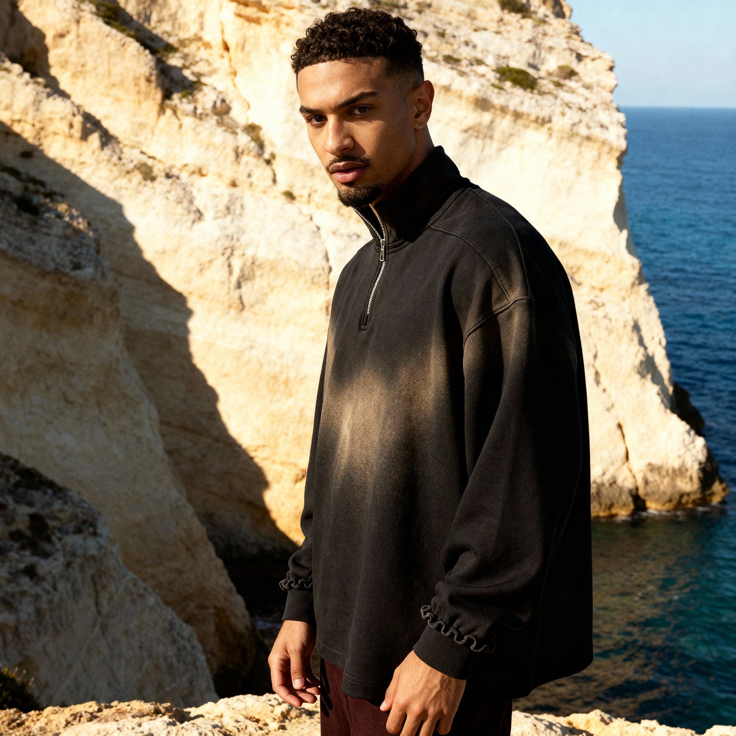 Sun Fade Raw Edge Quarter-Zip Sweatshirt