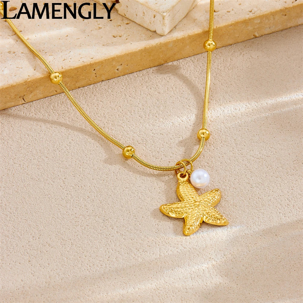 LAMENGLY 316L Stainless Steel Beach Style Pearl Starfish Pendant Necklace Women Glamorous Marine Animal Clavicle Chain Jewelry