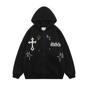 Retro Flex Embroidered Zip-Up Hoodie – Harajuku High Street Drip