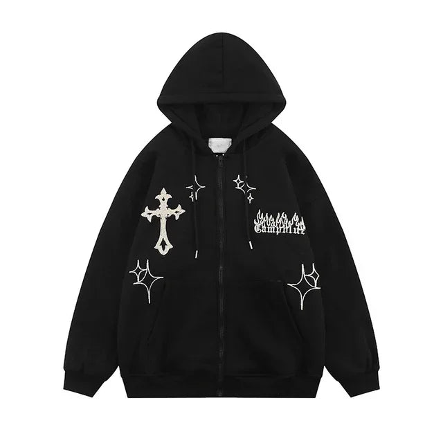 Retro Flex Embroidered Zip-Up Hoodie – Harajuku High Street Drip