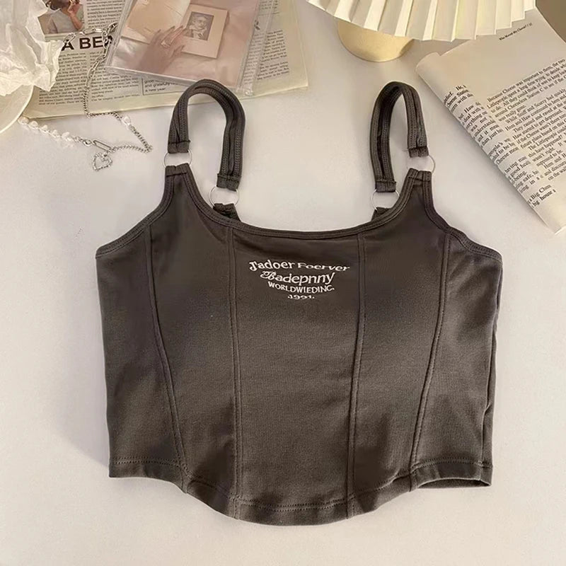 Women’s Sexy Slim Fit Padded Crop Tank – Y2K Letter Print.