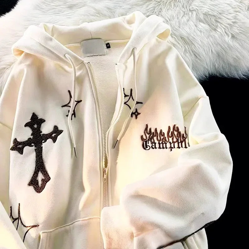 Retro Flex Embroidered Zip-Up Hoodie – Harajuku High Street Drip