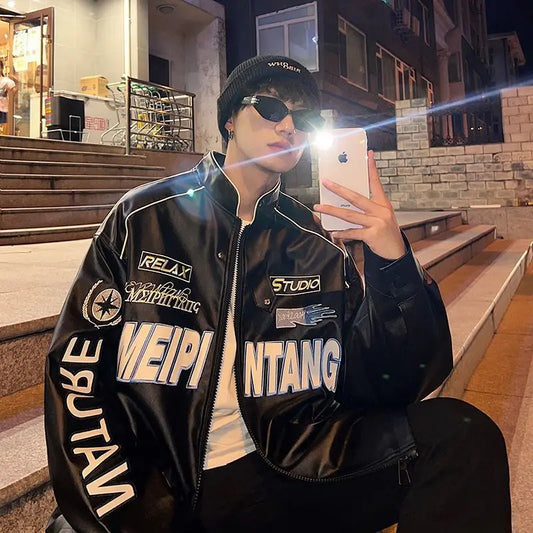 Racer Drip™ PU Leather Pilot Jacket – Unisex Streetwear Vibes