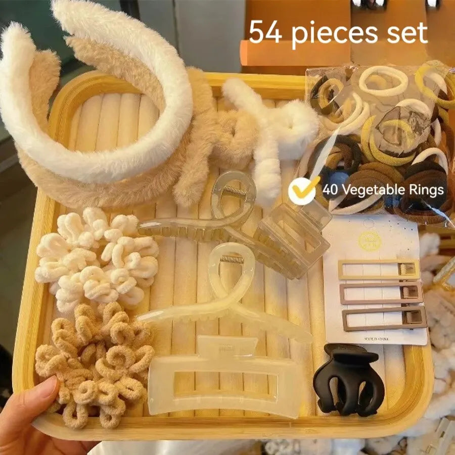 54pcs Milk Tea Hair Set – Autumn/Winter Neutral Bands & Clips