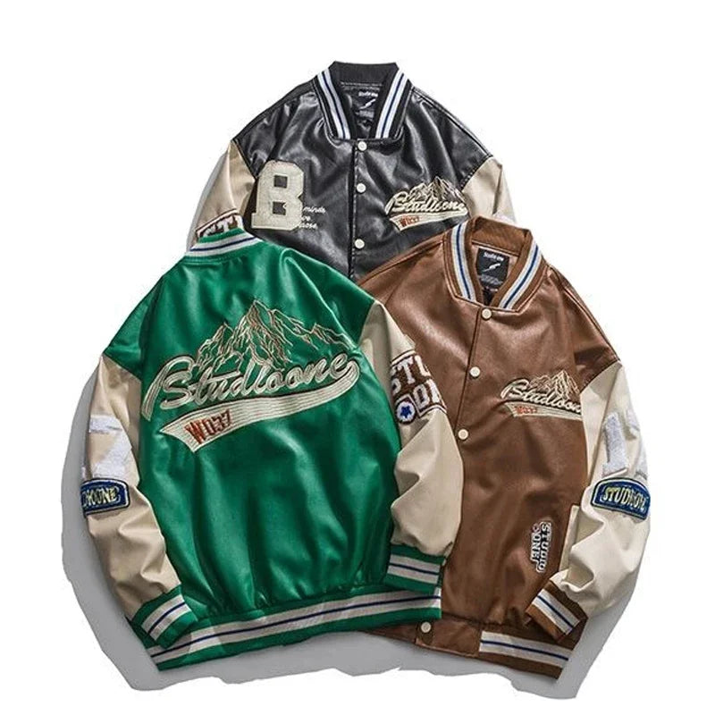“Retro Drip PU Varsity – Label Patch Grunge Bomber”