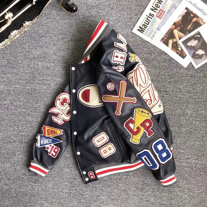 Design new leather baseball uniform men's PU leather jacket loose coat for men.