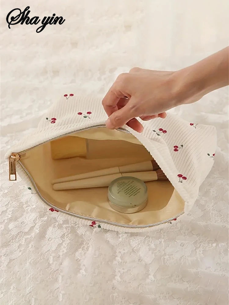 Cherry Boho Corduroy Makeup Pouch