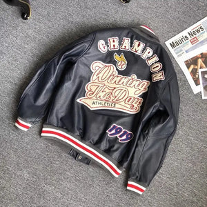 Design new leather baseball uniform men's PU leather jacket loose coat for men.