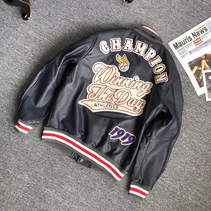 Design new leather baseball uniform men's PU leather jacket loose coat for men.