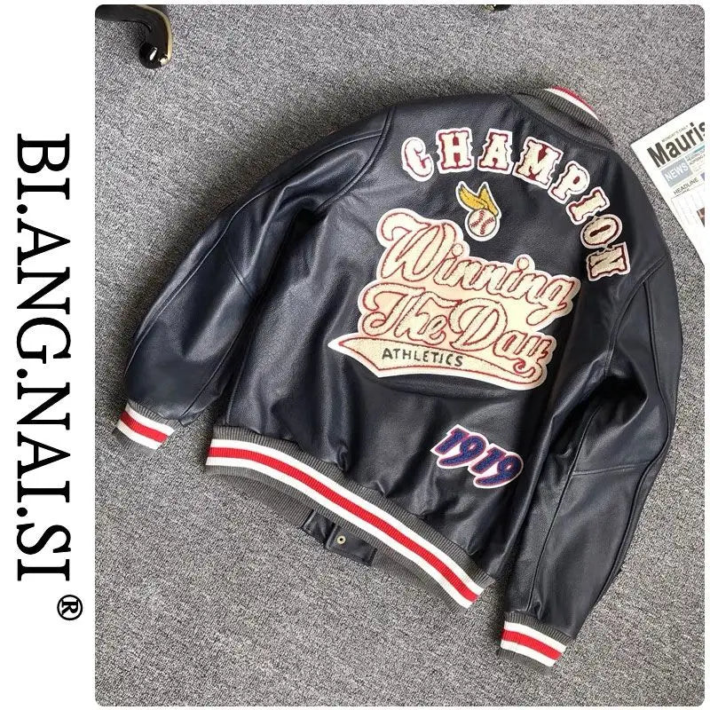 Design new leather baseball uniform men's PU leather jacket loose coat for men.