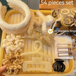 54pcs Milk Tea Hair Set – Autumn/Winter Neutral Bands & Clips