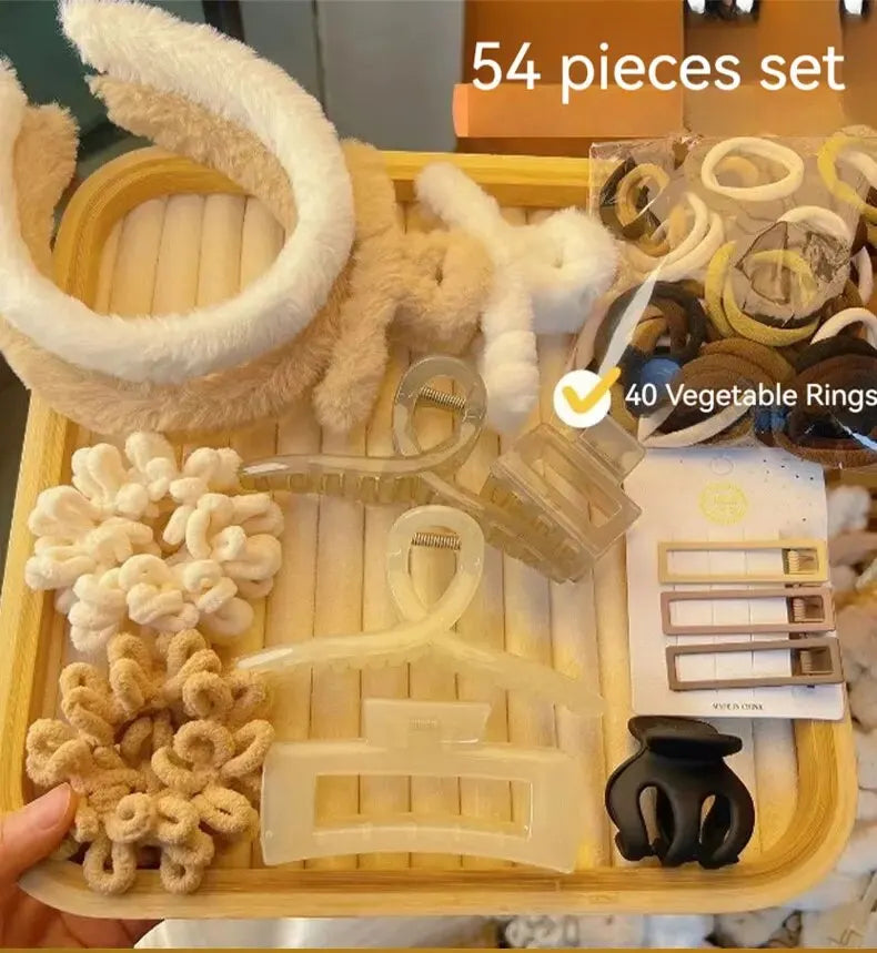 54pcs Milk Tea Hair Set – Autumn/Winter Neutral Bands & Clips