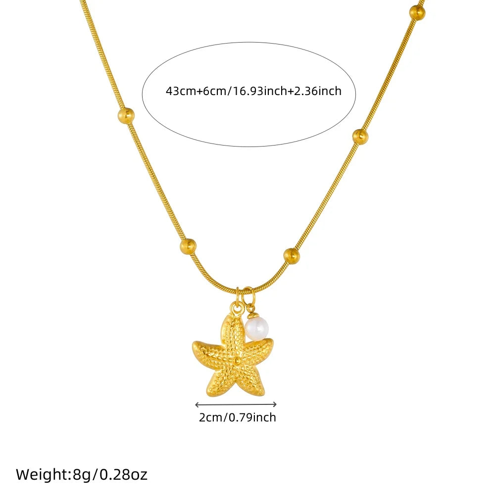 LAMENGLY 316L Stainless Steel Beach Style Pearl Starfish Pendant Necklace Women Glamorous Marine Animal Clavicle Chain Jewelry