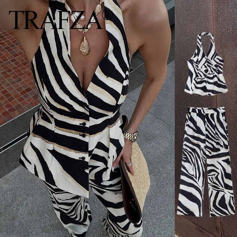 TRAFZA Women’s Zebra Print Summer 2-Piece Set.