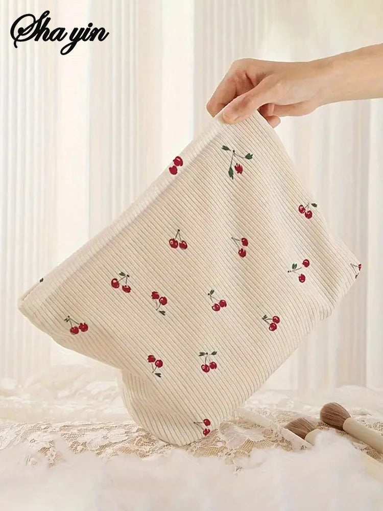 Cherry Boho Corduroy Makeup Pouch