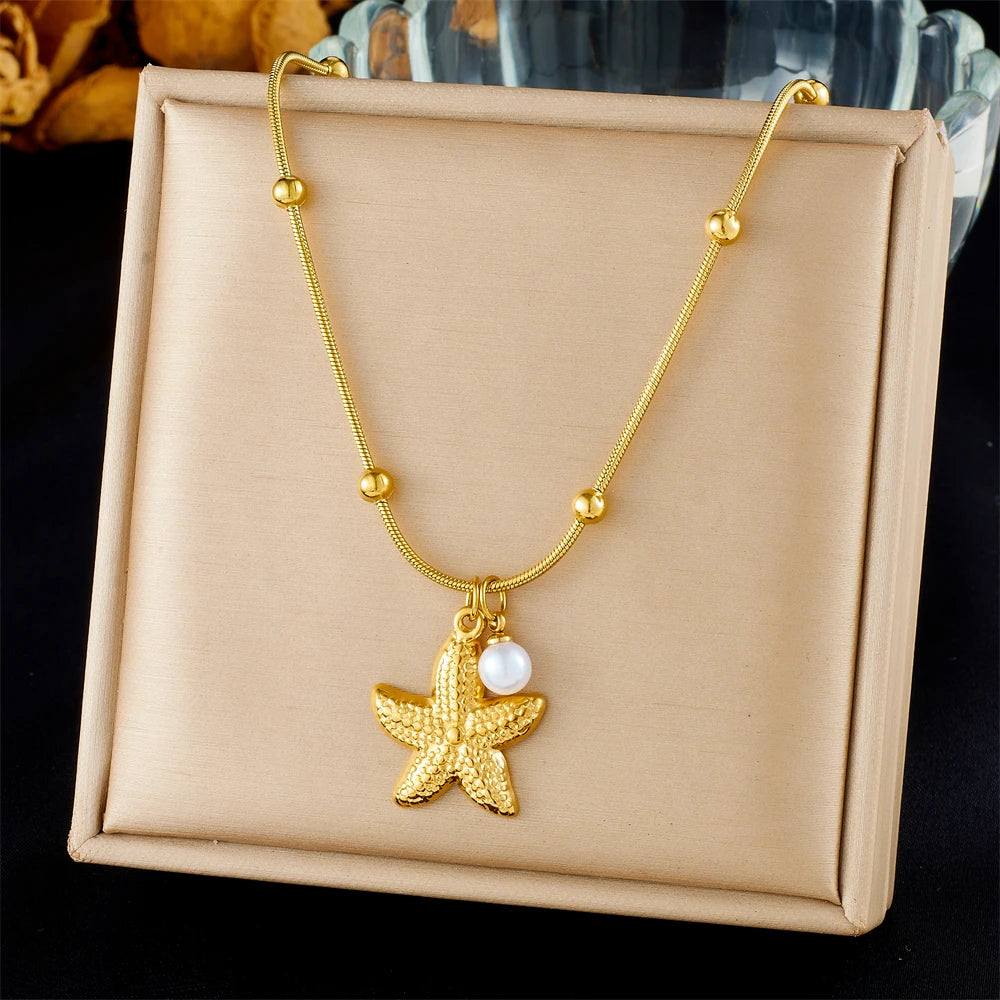 LAMENGLY 316L Stainless Steel Beach Style Pearl Starfish Pendant Necklace Women Glamorous Marine Animal Clavicle Chain Jewelry