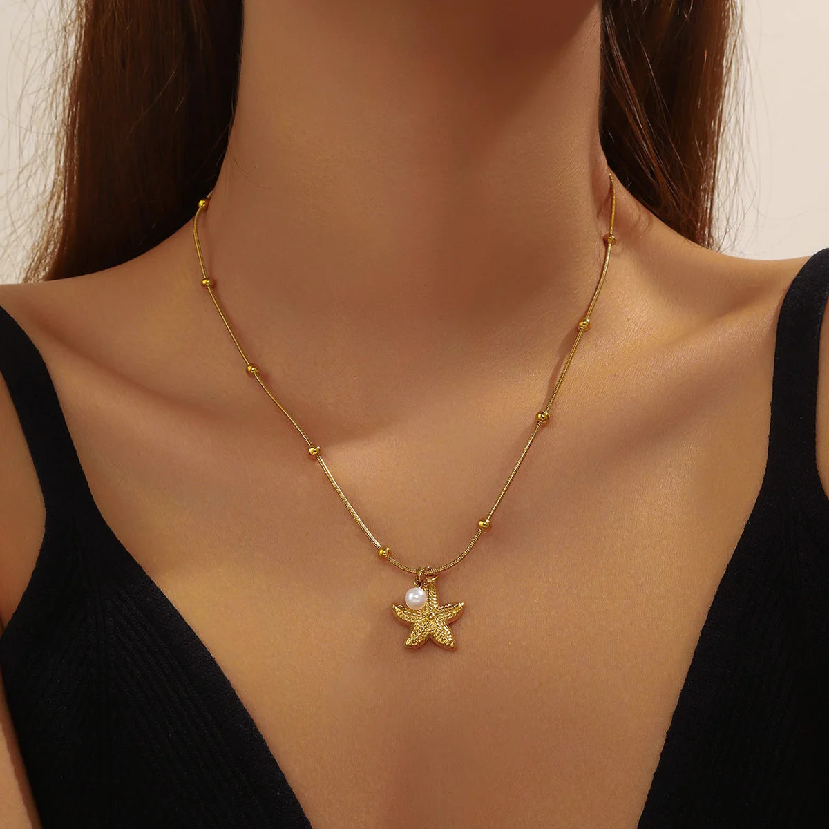 LAMENGLY 316L Stainless Steel Beach Style Pearl Starfish Pendant Necklace Women Glamorous Marine Animal Clavicle Chain Jewelry