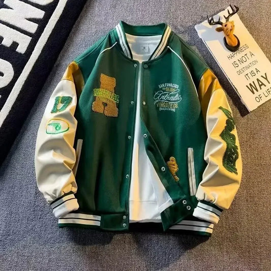 New Spring Men’s Woolen Embroidered Baseball Jacket with Patchwork Leather