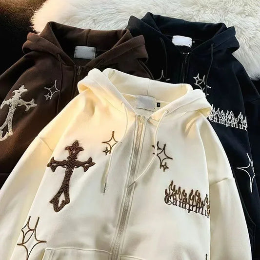 Retro Flex Embroidered Zip-Up Hoodie – Harajuku High Street Drip