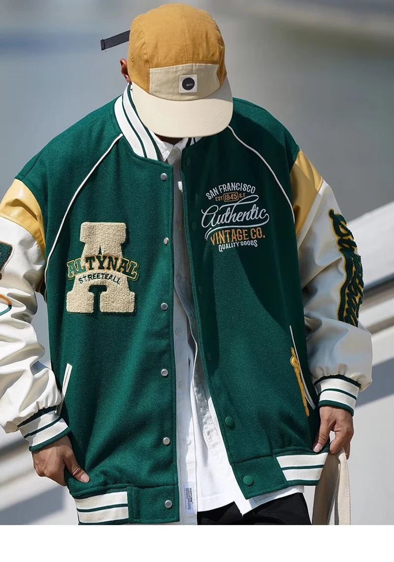 Vintage Vibe Varsity Jacket – Leather Sleeves, Embroidery, Total Drip