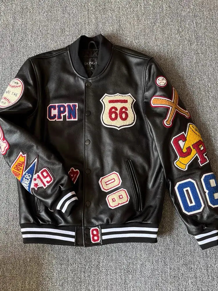 Design new leather baseball uniform men's PU leather jacket loose coat for men.