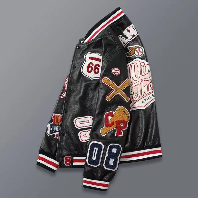 Design new leather baseball uniform men's PU leather jacket loose coat for men.