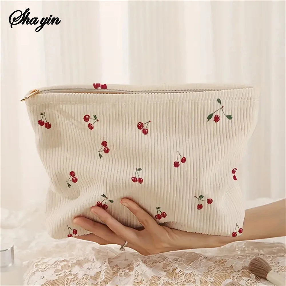 Cherry Boho Corduroy Makeup Pouch