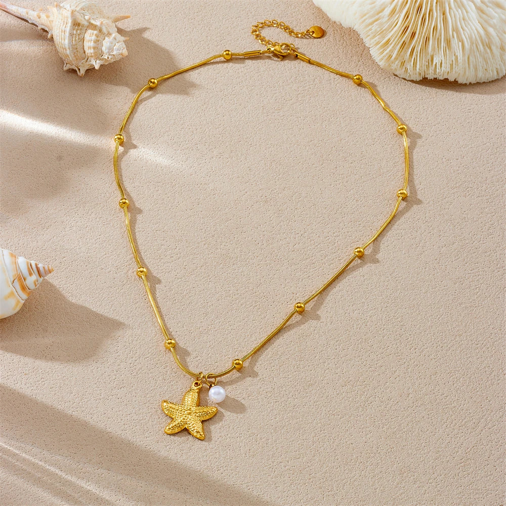 LAMENGLY 316L Stainless Steel Beach Style Pearl Starfish Pendant Necklace Women Glamorous Marine Animal Clavicle Chain Jewelry