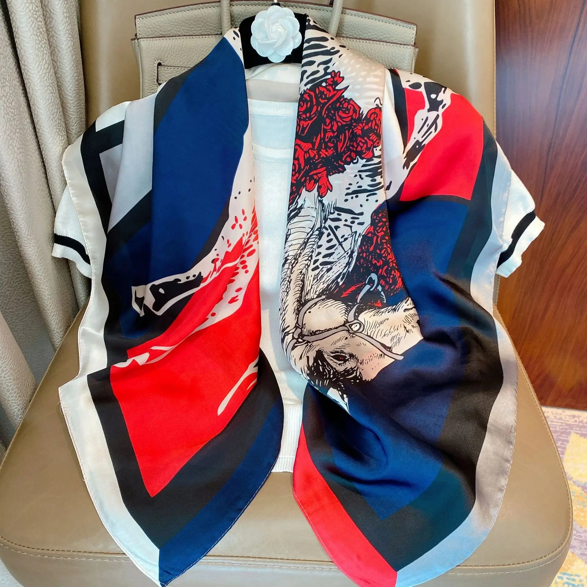 Elegant 90% Silk Large Square Scarf – Classic Black & White Stripes