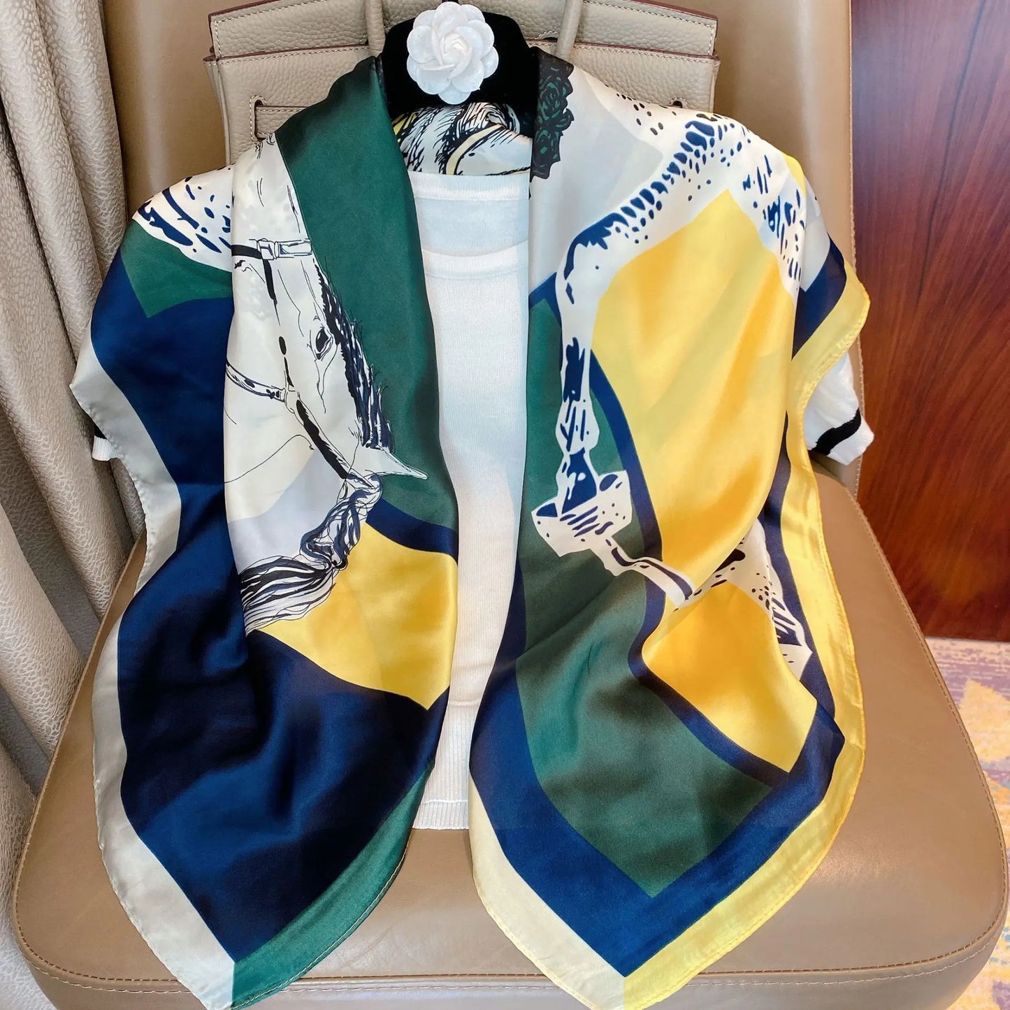 Elegant 90% Silk Large Square Scarf – Classic Black & White Stripes