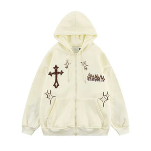 Retro Flex Embroidered Zip-Up Hoodie – Harajuku High Street Drip