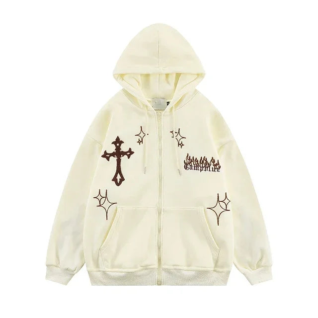 Retro Flex Embroidered Zip-Up Hoodie – Harajuku High Street Drip