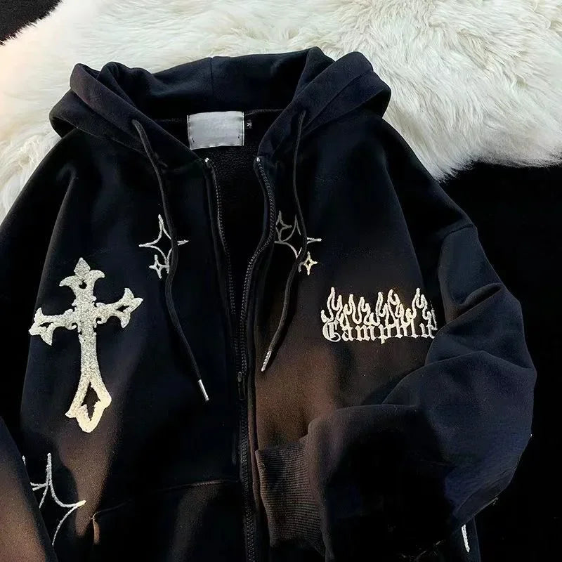 Retro Flex Embroidered Zip-Up Hoodie – Harajuku High Street Drip