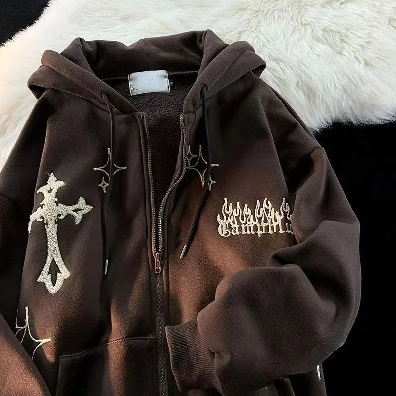 Retro Flex Embroidered Zip-Up Hoodie – Harajuku High Street Drip