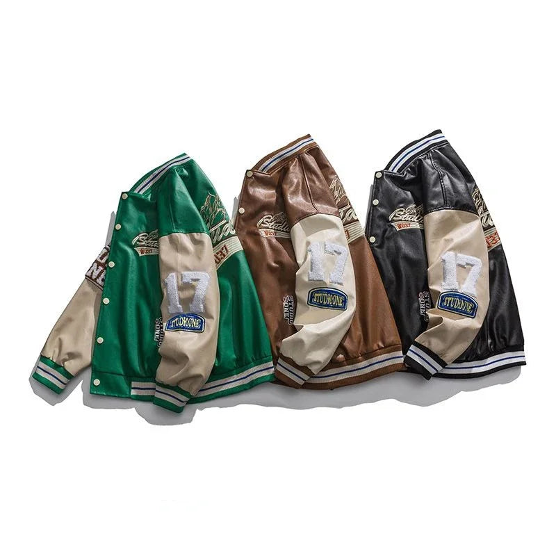 “Retro Drip PU Varsity – Label Patch Grunge Bomber”