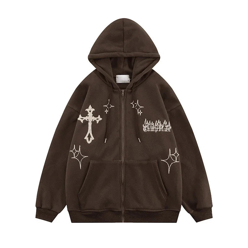 Retro Flex Embroidered Zip-Up Hoodie – Harajuku High Street Drip