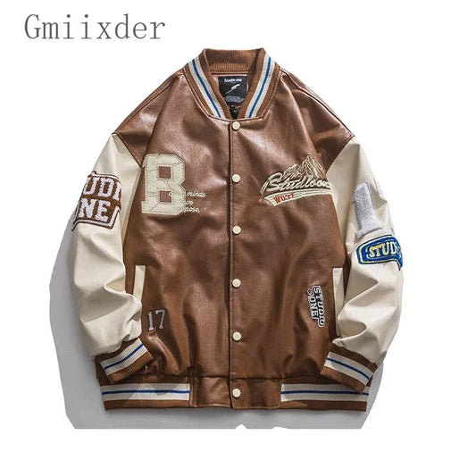 “Retro Drip PU Varsity – Label Patch Grunge Bomber”