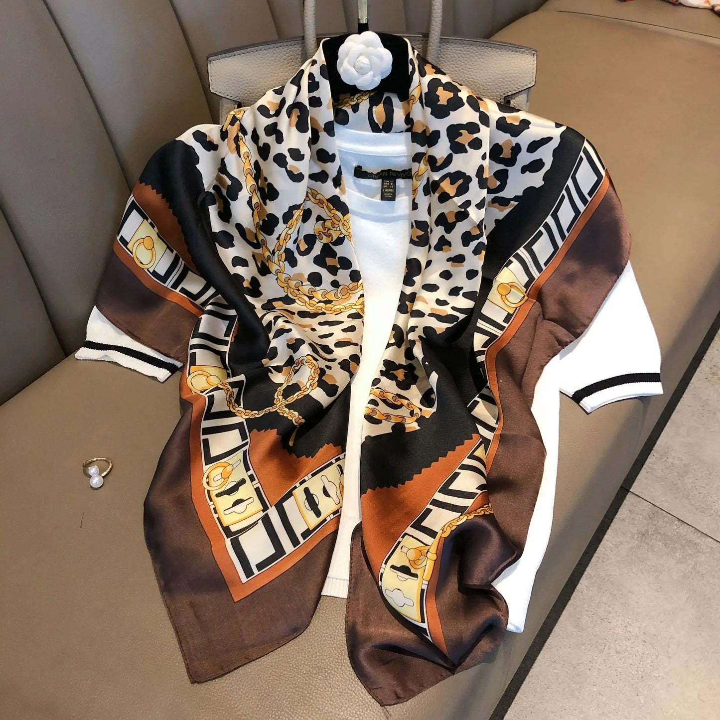 Elegant 90% Silk Large Square Scarf – Classic Black & White Stripes