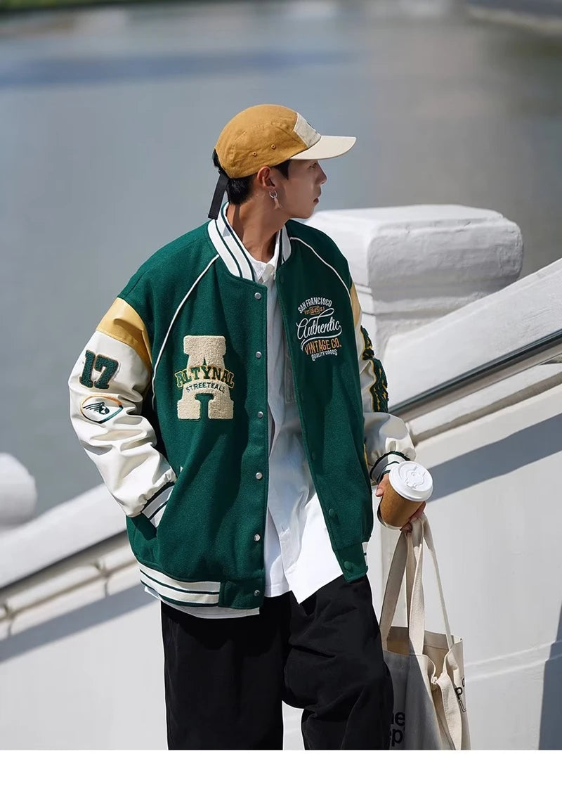 Vintage Vibe Varsity Jacket – Leather Sleeves, Embroidery, Total Drip